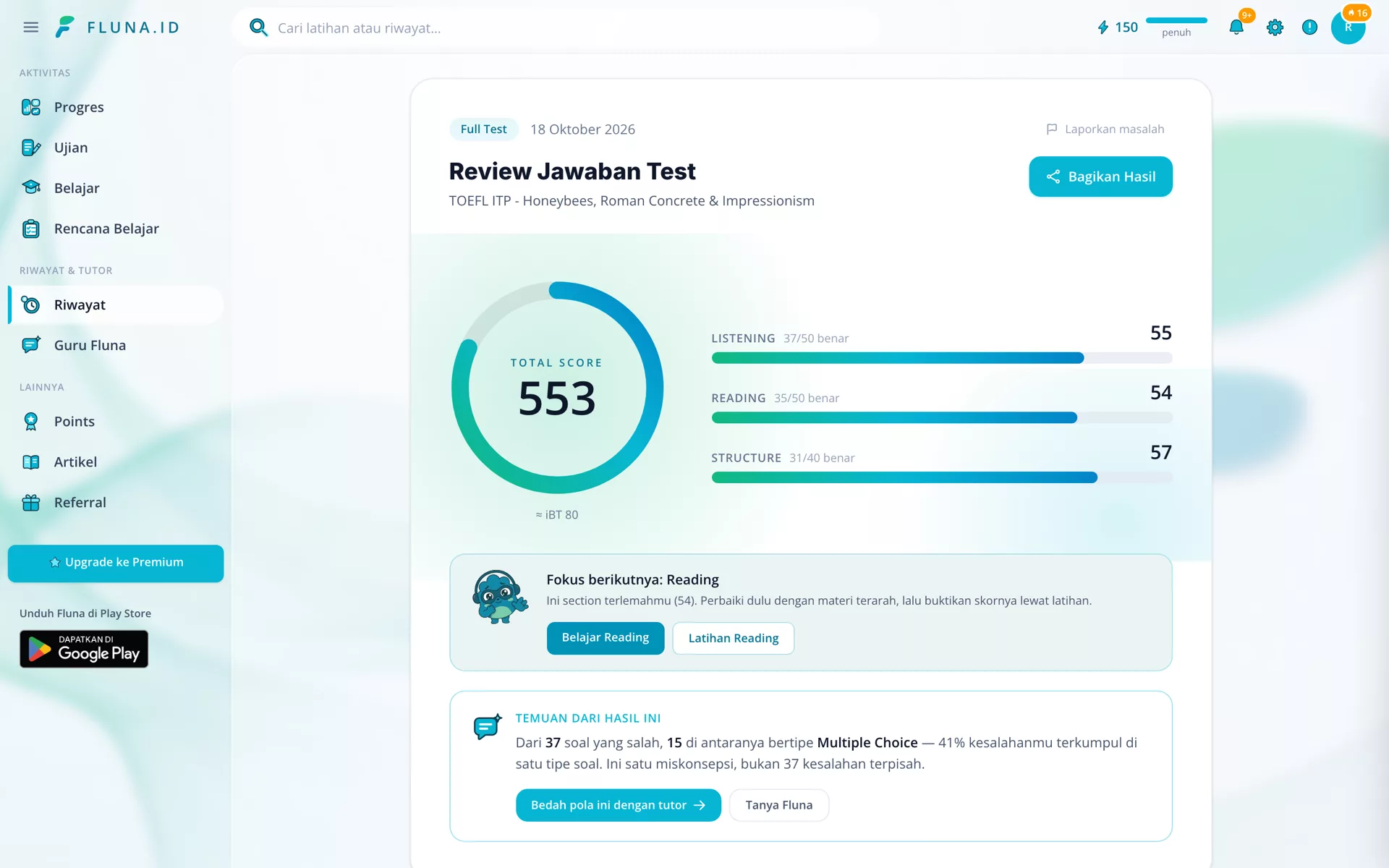 Contoh halaman hasil simulasi TOEFL ITP di laptop: skor total 553 dan skor Listening, Reading, Structure